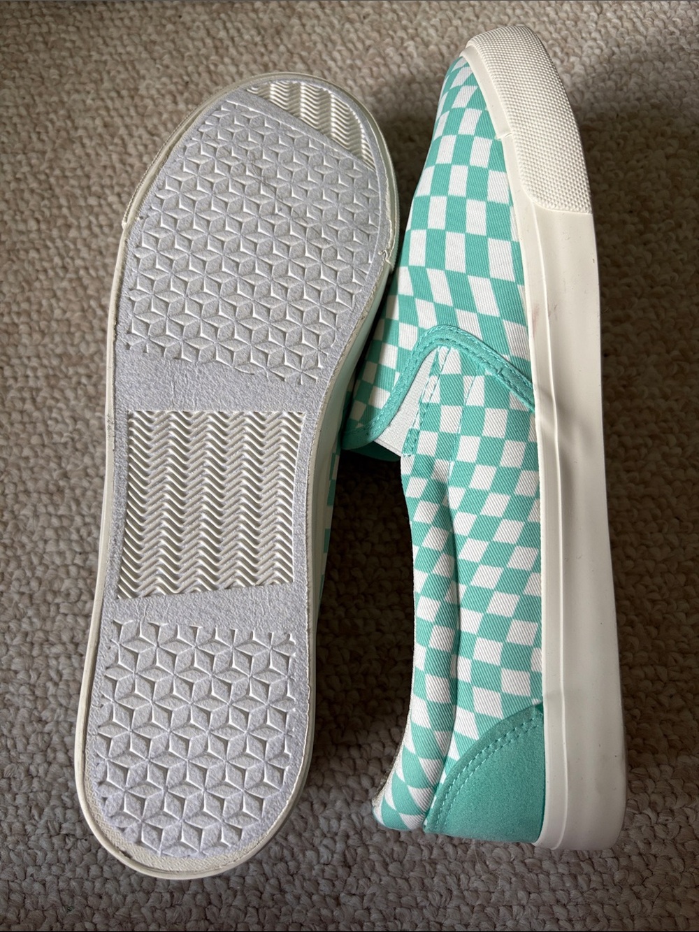 Shoe Dazzle Turquoise and White Checkerboard Slip-On Sneakers - Picture 3 of 4